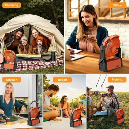 Portable Camping Fan Rechargeable with 4 Lights, 11000Mah Battery Operated Fans, Outdoor Beach Tent Fan, 4 Speed, 4 Timer, Adjustable Rotation for Picnic, Barbecue, Fishing, Home