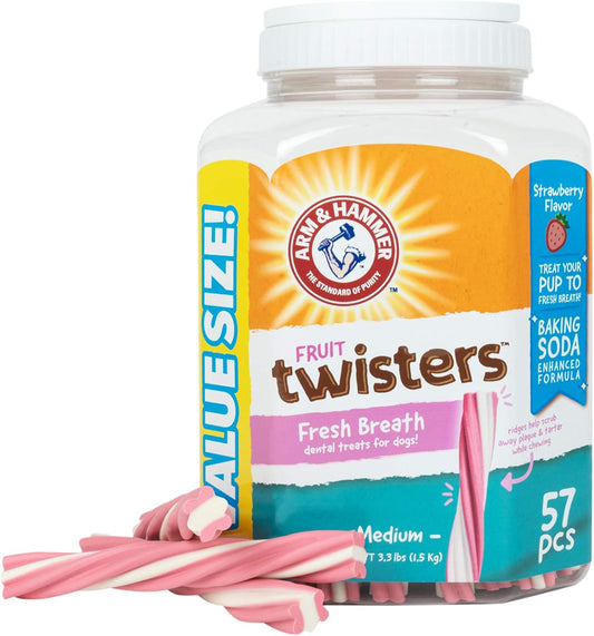 Fruit Twisters Fresh Breath Dental Treats for Dogs in Fruity Strawberry Flavor | 57 Ct Value Bucket Baking Soda Dog Treats for Dental Health (Pack of 1, 57 Count Total)