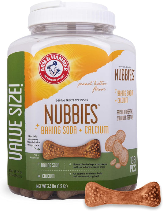 for Pets Nubbies Dental Treats for Dogs with Baking Soda and Calcium, Treat Chews Help Fight Bad Breath, Plaque & Tartar, Peanut Butter, Value Bucket, 139 Pcs (Packaging May Vary)