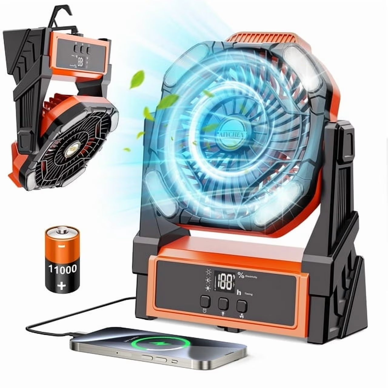 Portable Camping Fan Rechargeable with 4 Lights, 11000Mah Battery Operated Fans, Outdoor Beach Tent Fan, 4 Speed, 4 Timer, Adjustable Rotation for Picnic, Barbecue, Fishing, Home